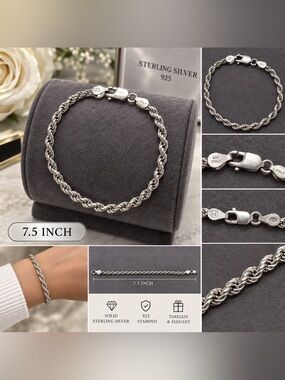 Sterling Silver 925 Rope Bracelet in Silver - 7.5"